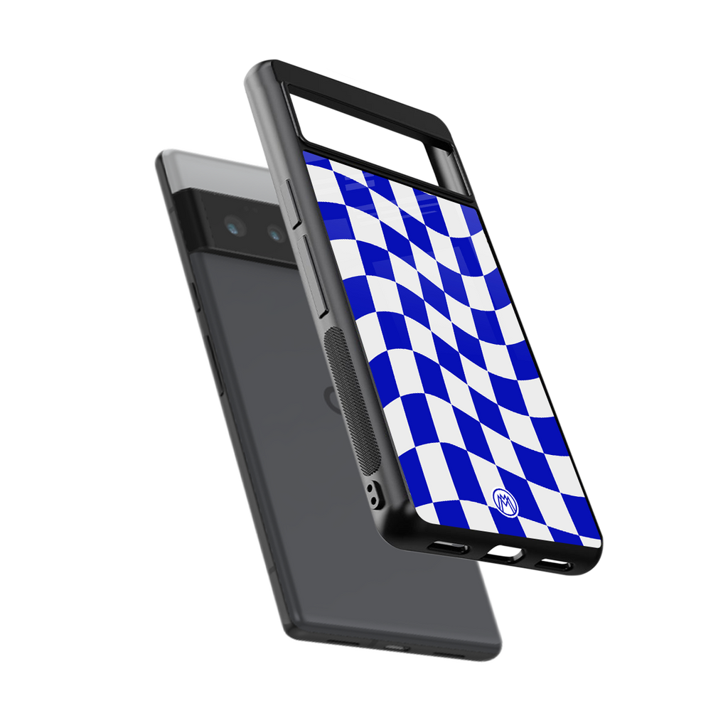 blue white trippy check pattern back phone cover | glass case for google pixel 6 pro
