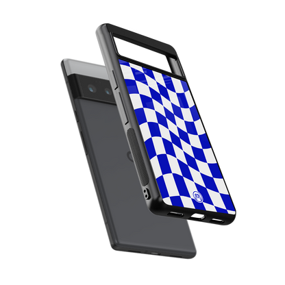 blue white trippy check pattern back phone cover | glass case for google pixel 6 pro