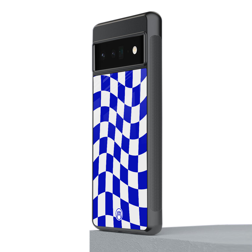 blue white trippy check pattern back phone cover | glass case for google pixel 6 pro