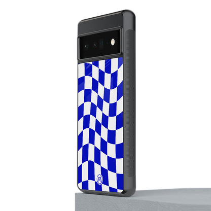 blue white trippy check pattern back phone cover | glass case for google pixel 6 pro
