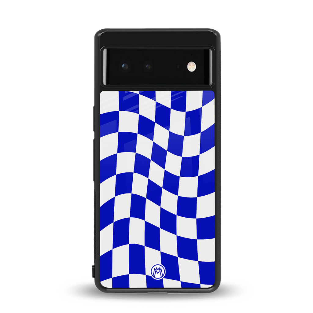 blue white trippy check pattern back phone cover | glass case for google pixel 6