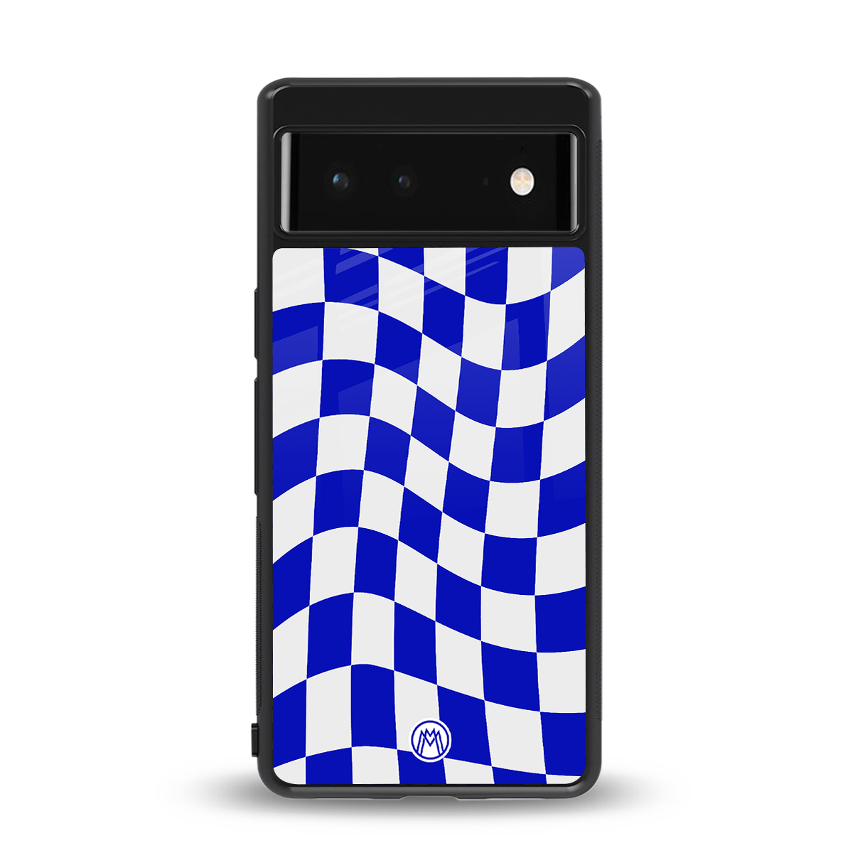 blue white trippy check pattern back phone cover | glass case for google pixel 6