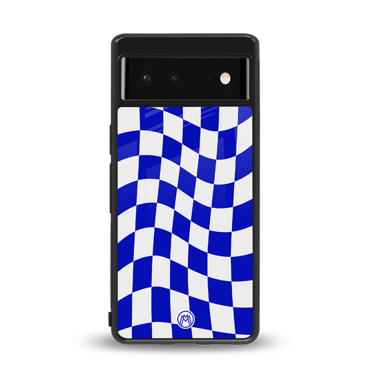 blue white trippy check pattern back phone cover | glass case for Google Pixel 6A