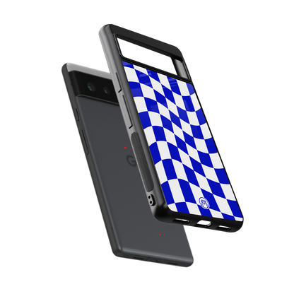 blue white trippy check pattern back phone cover | glass case for google pixel 6