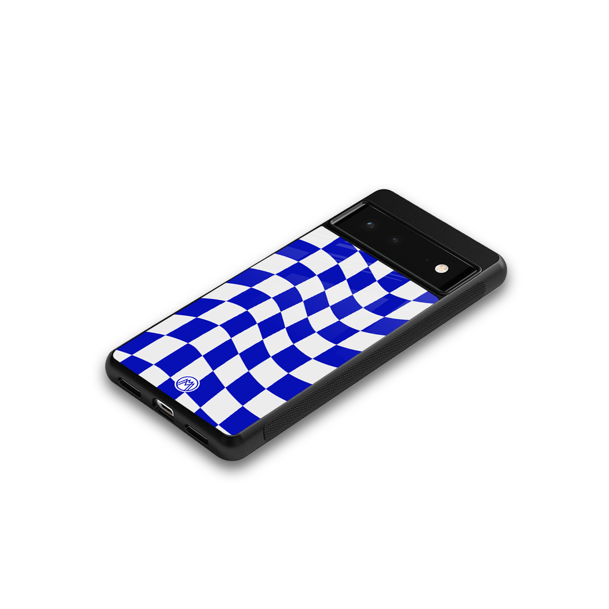 blue white trippy check pattern back phone cover | glass case for google pixel 6