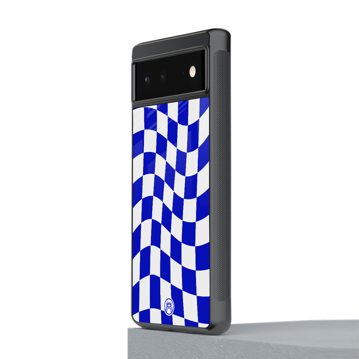 blue white trippy check pattern back phone cover | glass case for google pixel 6