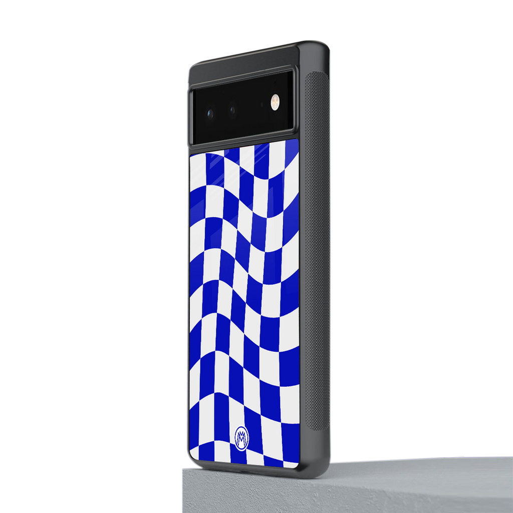 blue white trippy check pattern back phone cover | glass case for Google Pixel 6A