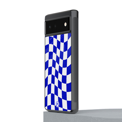 blue white trippy check pattern back phone cover | glass case for Google Pixel 6A