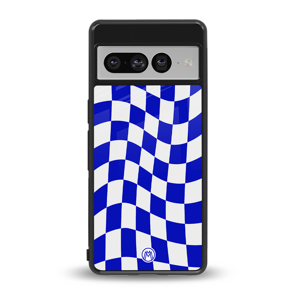 blue white trippy check pattern back phone cover | glass case for google pixel 7 pro