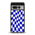 blue white trippy check pattern back phone cover | glass case for google pixel 7 pro