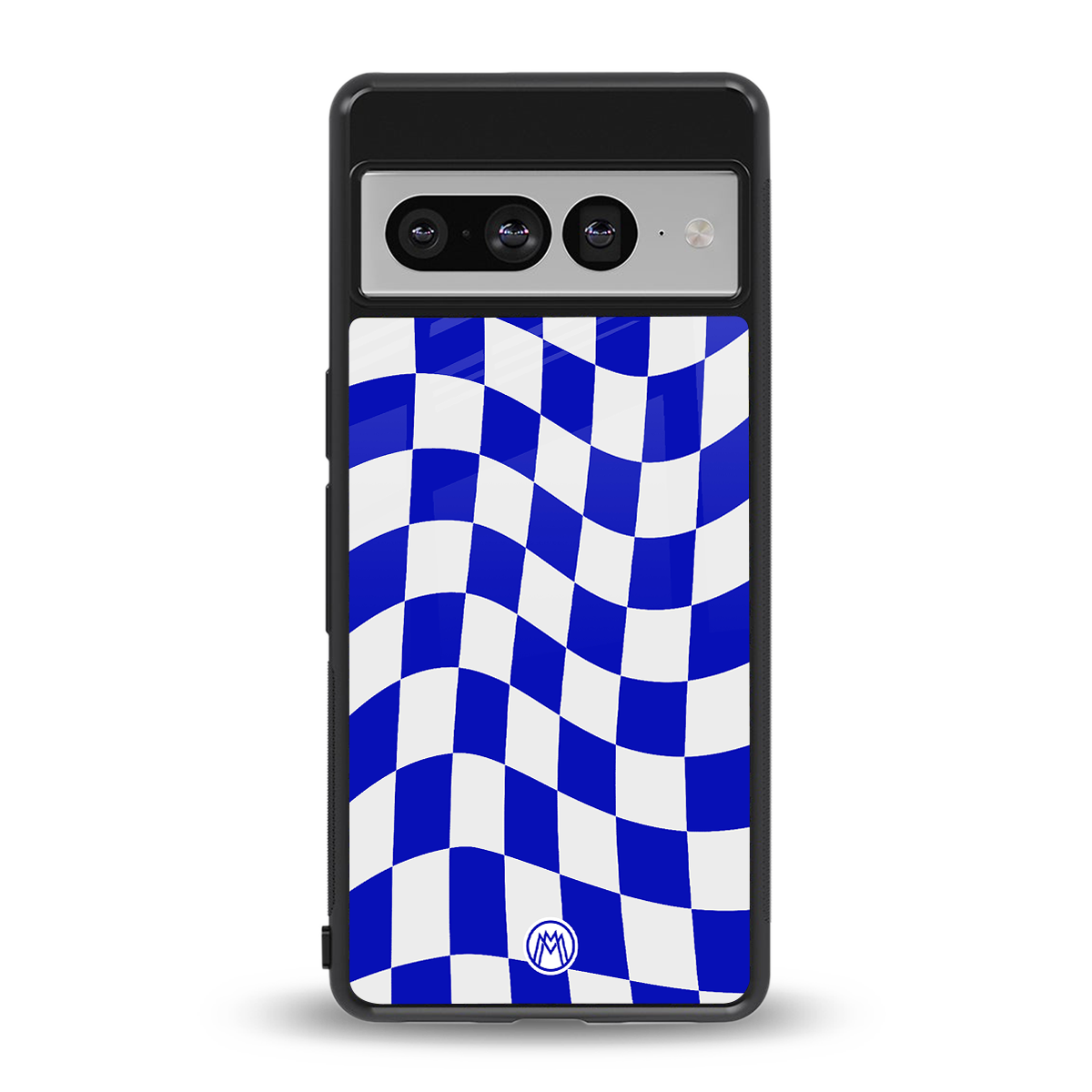 blue white trippy check pattern back phone cover | glass case for google pixel 7 pro