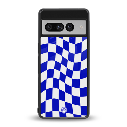 blue white trippy check pattern back phone cover | glass case for google pixel 7 pro