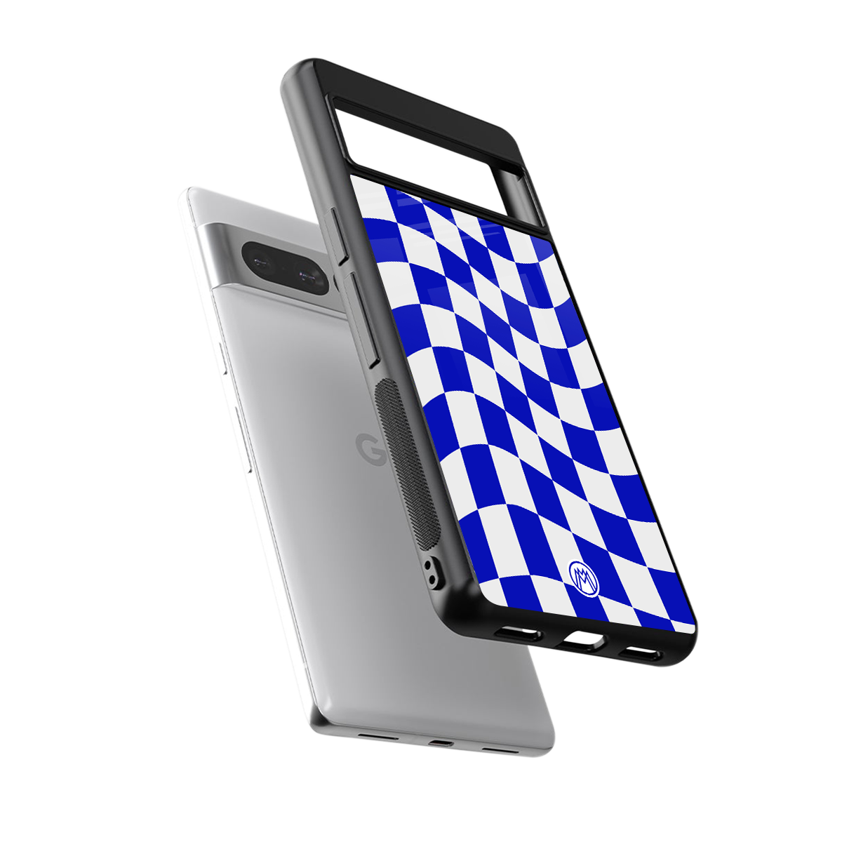 blue white trippy check pattern back phone cover | glass case for google pixel 7 pro