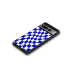 blue white trippy check pattern back phone cover | glass case for google pixel 7 pro