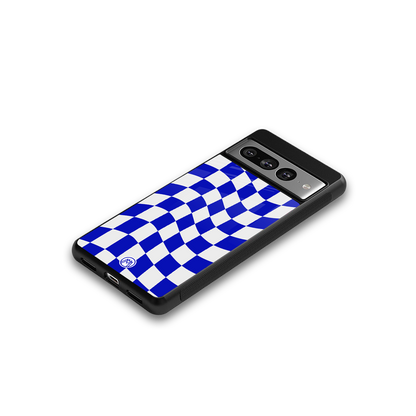 blue white trippy check pattern back phone cover | glass case for google pixel 7 pro