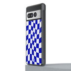 blue white trippy check pattern back phone cover | glass case for google pixel 7 pro