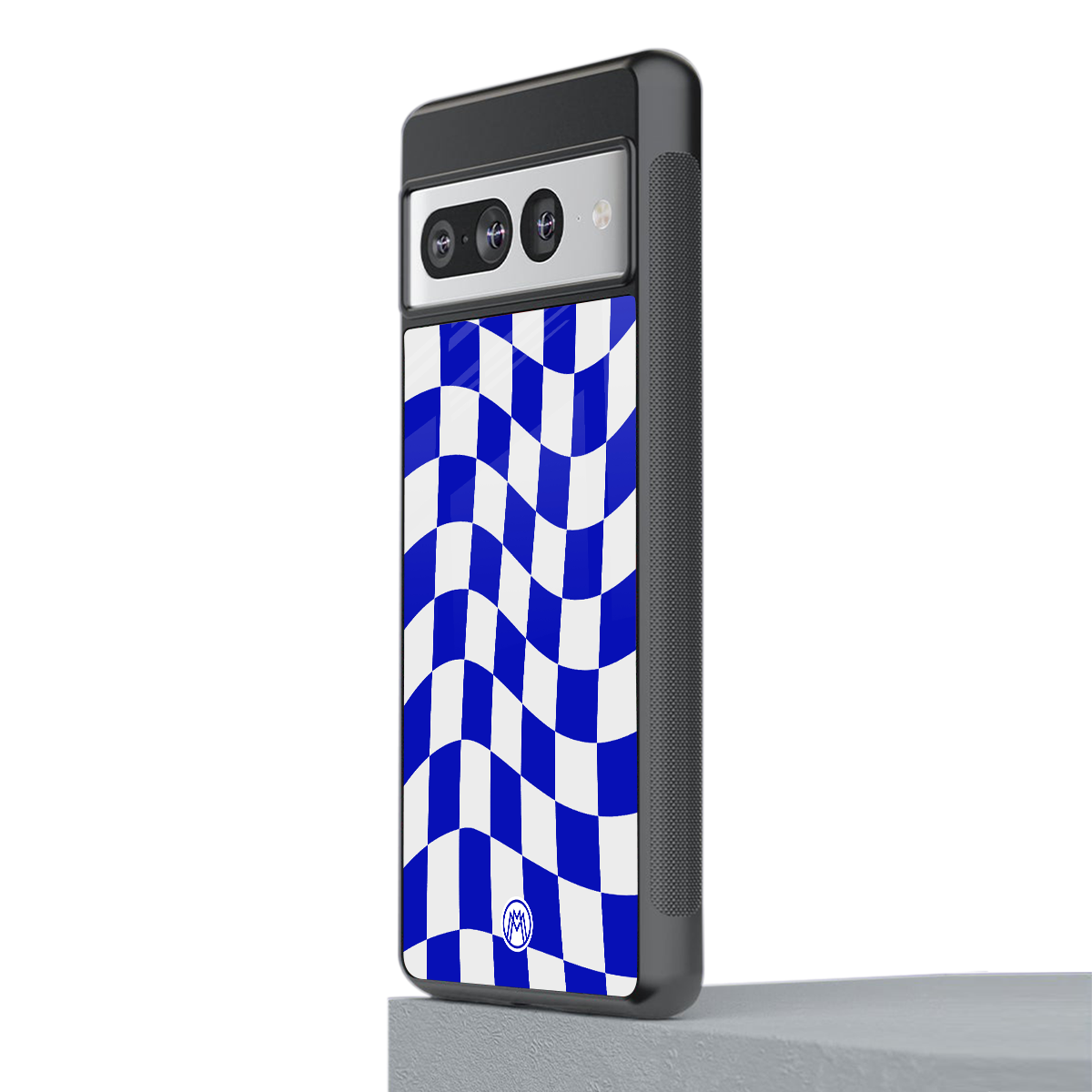 blue white trippy check pattern back phone cover | glass case for google pixel 7 pro