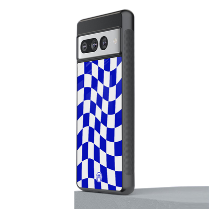 blue white trippy check pattern back phone cover | glass case for google pixel 7 pro