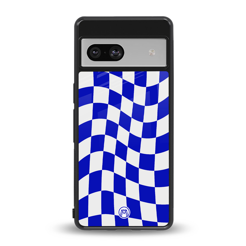 blue white trippy check pattern back phone cover | glass case for Google Pixel 7