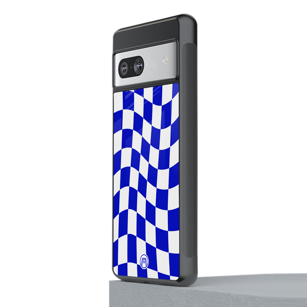 blue white trippy check pattern back phone cover | glass case for Google Pixel 7