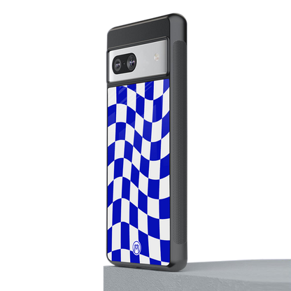 blue white trippy check pattern back phone cover | glass case for Google Pixel 7