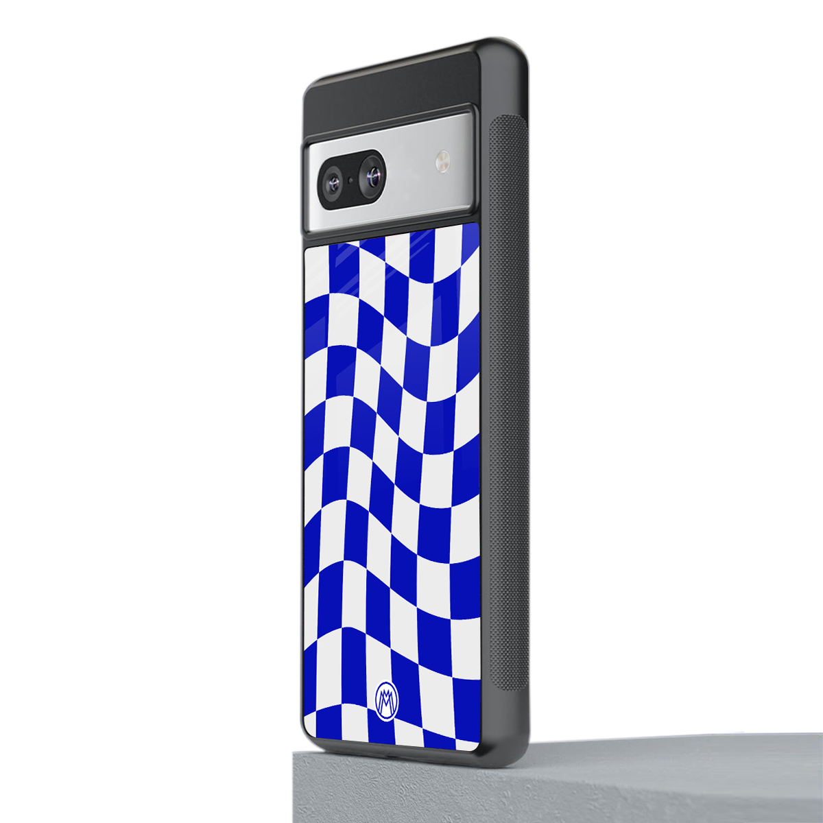 blue white trippy check pattern back phone cover | glass case for Google Pixel 7A