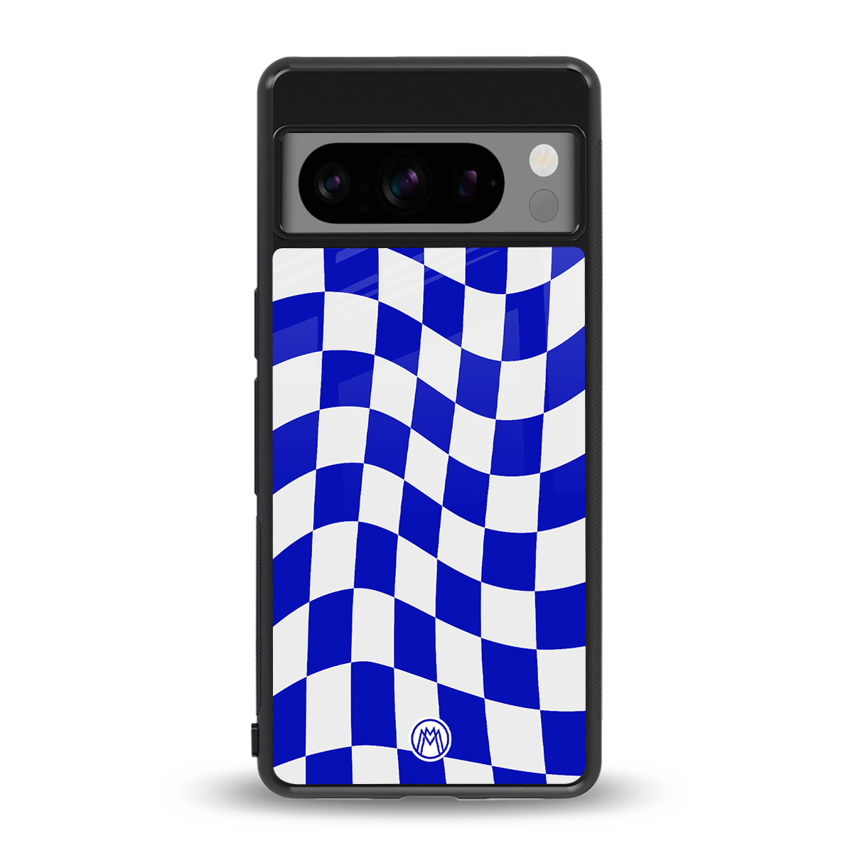 blue white trippy check pattern back phone cover | glass case for google pixel 8 pro