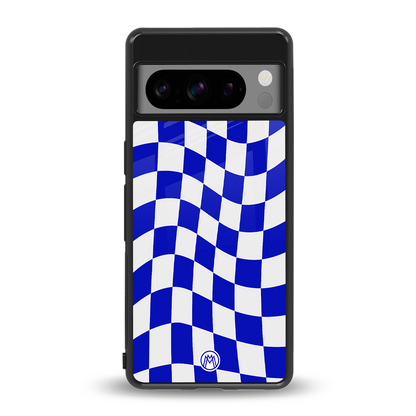 blue white trippy check pattern back phone cover | glass case for google pixel 8 pro