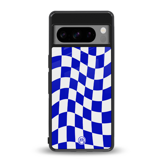 blue white trippy check pattern back phone cover | glass case for google pixel 8 pro