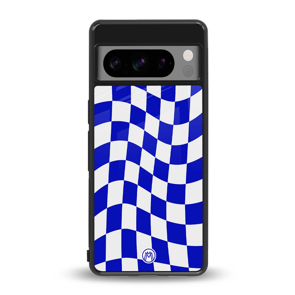 blue white trippy check pattern back phone cover | glass case for google pixel 8 pro