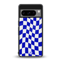 blue white trippy check pattern back phone cover | glass case for google pixel 8 pro