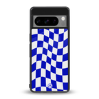 blue white trippy check pattern back phone cover | glass case for google pixel 8 pro