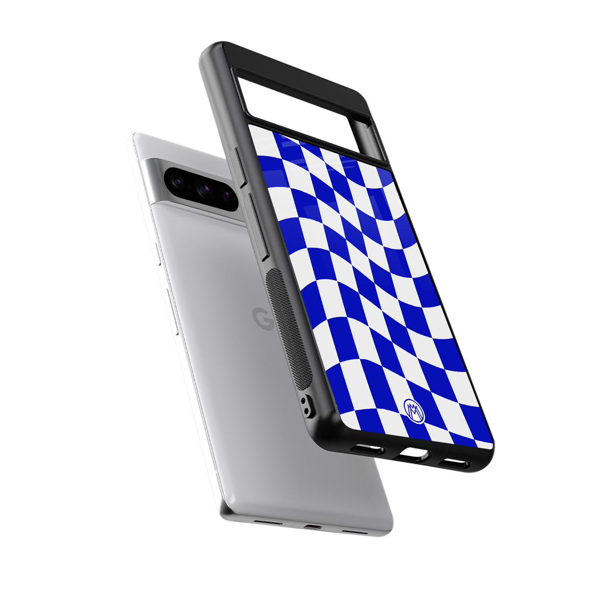 blue white trippy check pattern back phone cover | glass case for google pixel 8 pro