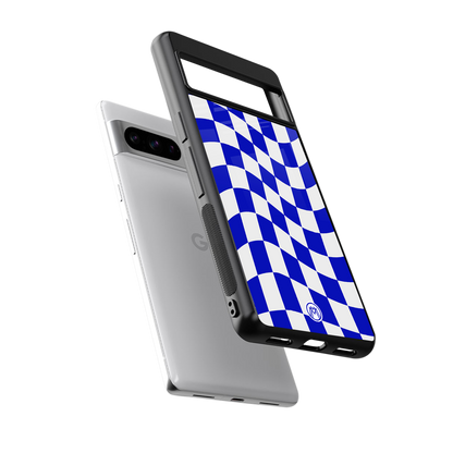 blue white trippy check pattern back phone cover | glass case for google pixel 8 pro