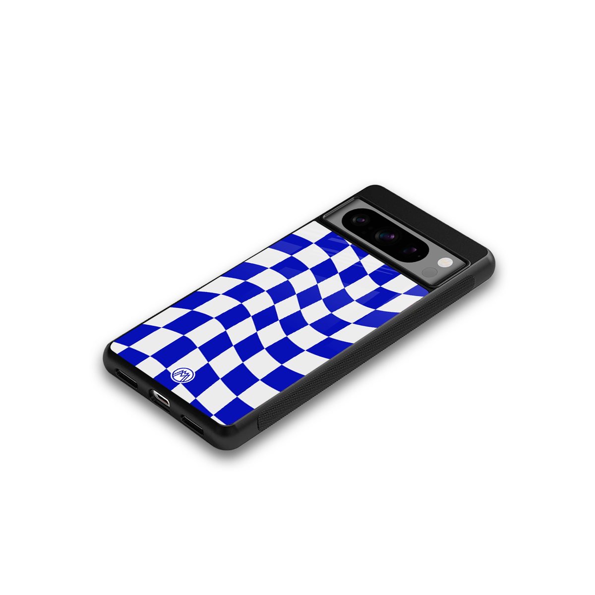 blue white trippy check pattern back phone cover | glass case for google pixel 8 pro