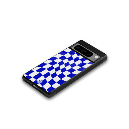 blue white trippy check pattern back phone cover | glass case for google pixel 8 pro