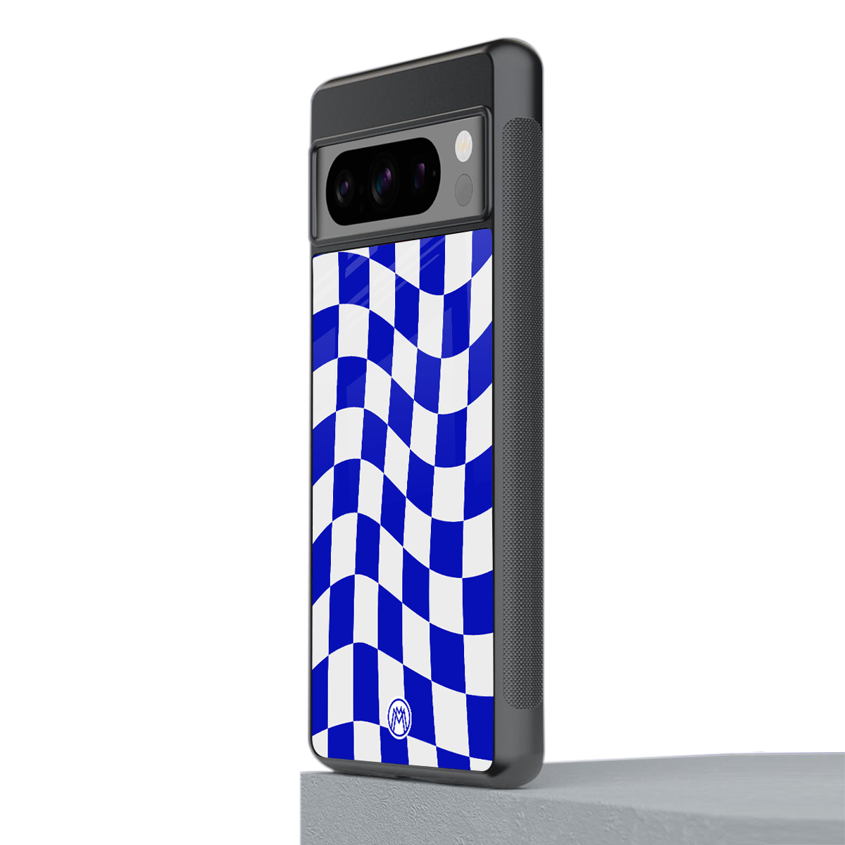 blue white trippy check pattern back phone cover | glass case for google pixel 8 pro