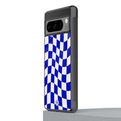 blue white trippy check pattern back phone cover | glass case for google pixel 8 pro