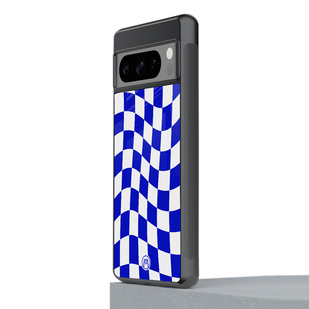 blue white trippy check pattern back phone cover | glass case for google pixel 8 pro