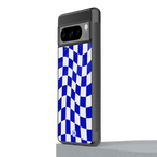 blue white trippy check pattern back phone cover | glass case for google pixel 8 pro