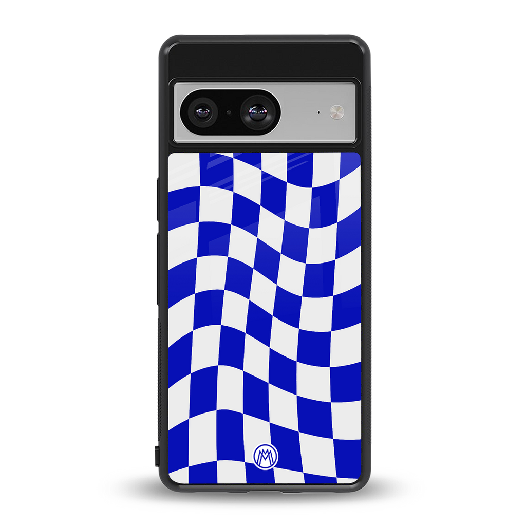 blue white trippy check pattern back phone cover | glass case for Google Pixel 8