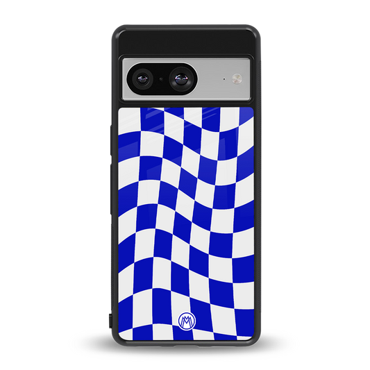 blue white trippy check pattern back phone cover | glass case for Google Pixel 8