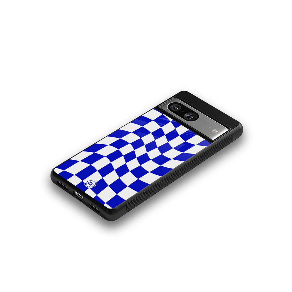 blue white trippy check pattern back phone cover | glass case for Google Pixel 8