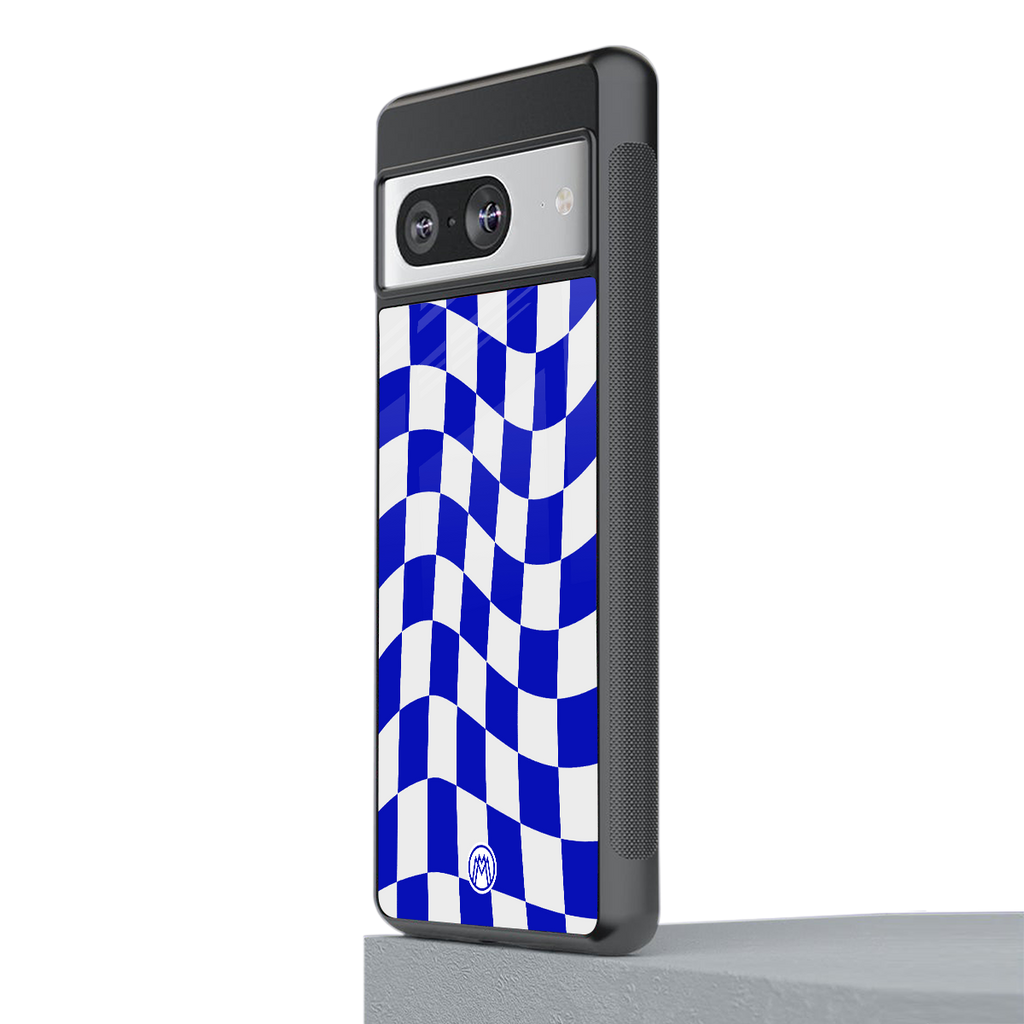 blue white trippy check pattern back phone cover | glass case for Google Pixel 8