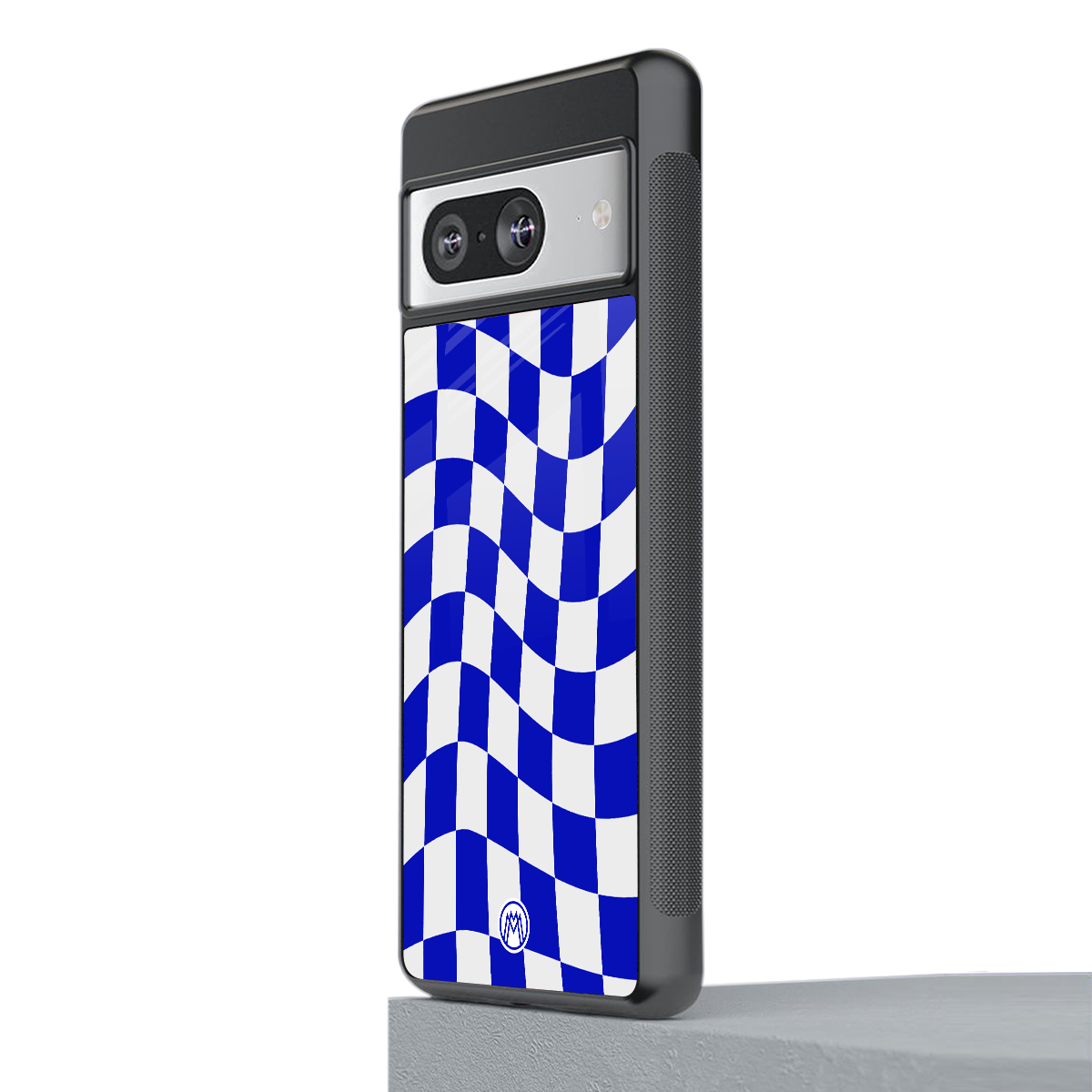 blue white trippy check pattern back phone cover | glass case for Google Pixel 8