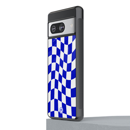 blue white trippy check pattern back phone cover | glass case for Google Pixel 8