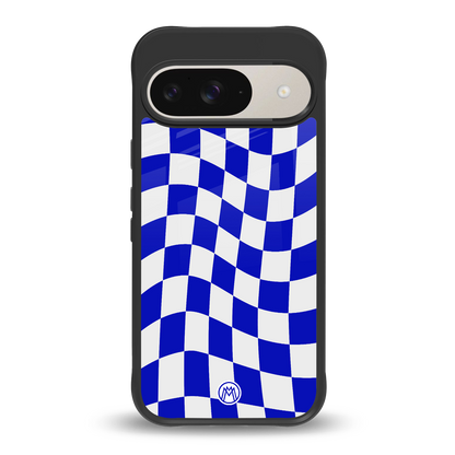 blue white trippy check pattern back phone cover | glass case for google pixel 9