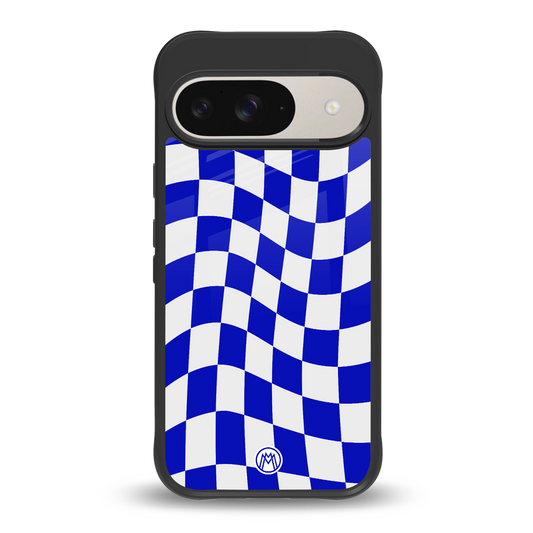 blue white trippy check pattern back phone cover | glass case for google pixel 9