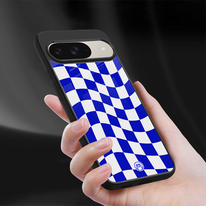 blue white trippy check pattern back phone cover | glass case for google pixel 9