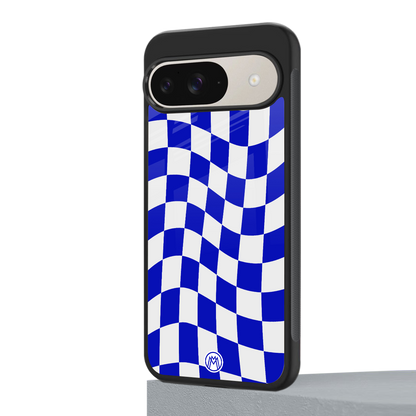 blue white trippy check pattern back phone cover | glass case for google pixel 9